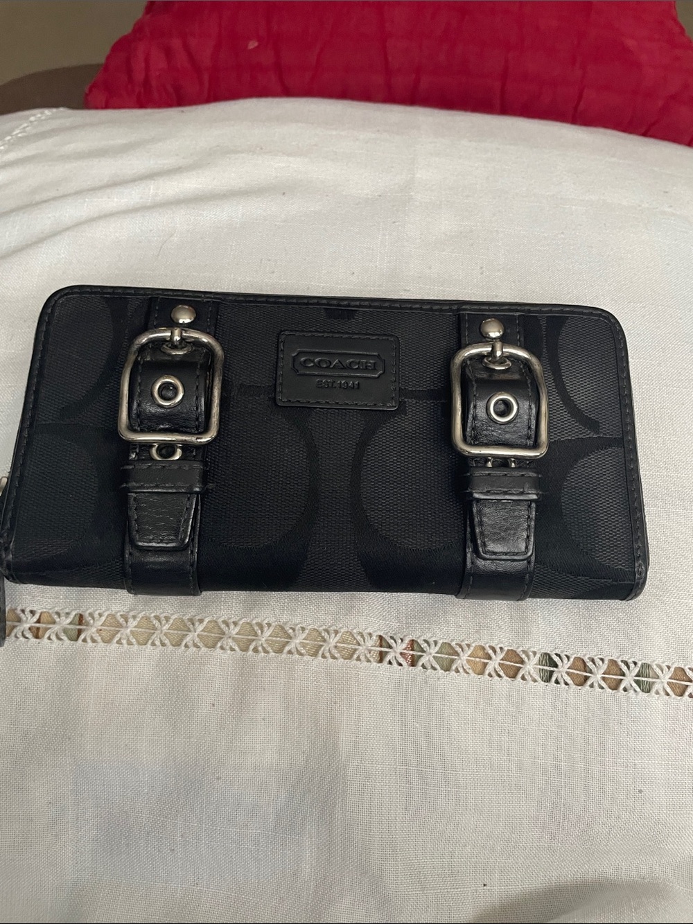 Coach Black Signature Canvas Zip Wallet with Buckle Straps Leather Trim EUC